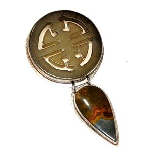 Vintage OOAK Carved Stone and Natural Agate Pendant/Brooche in Sterling Silver